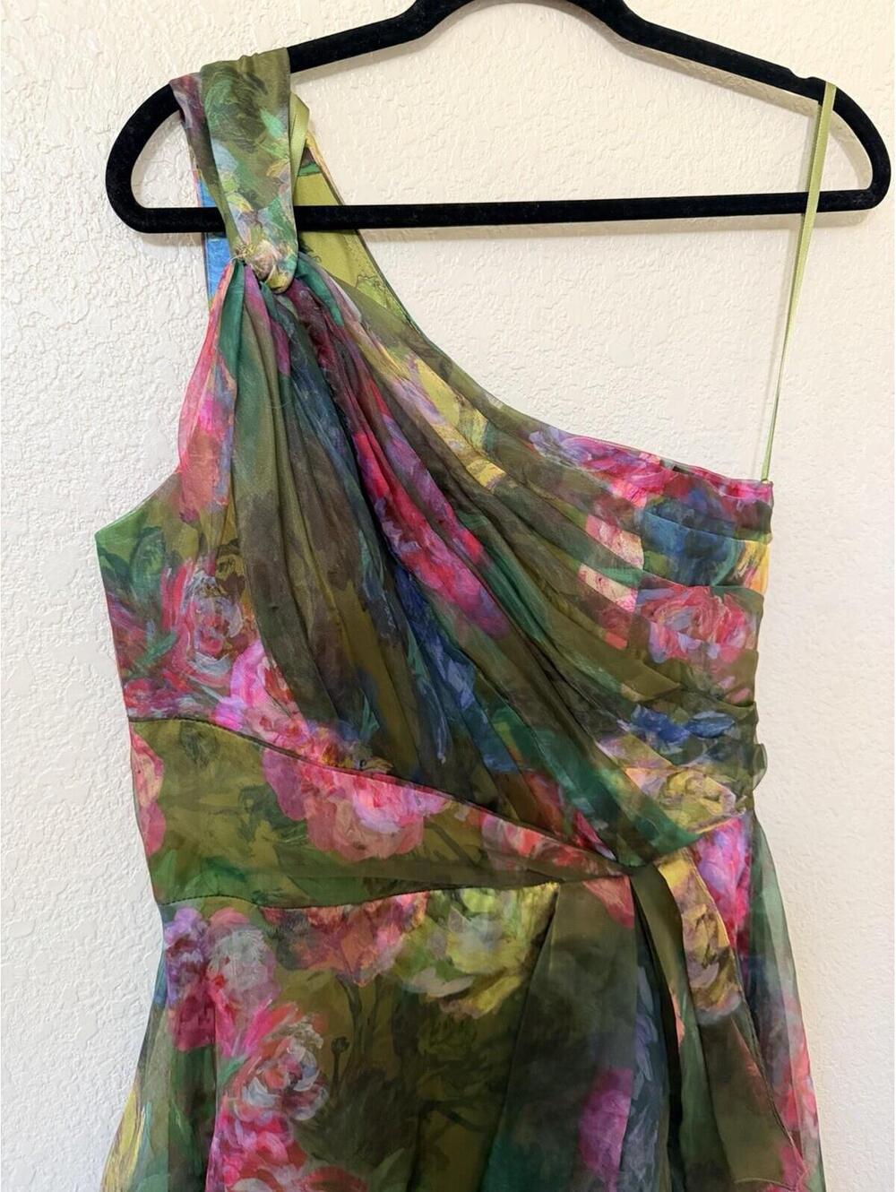 New Xscape Evenings One-Shoulder Floral Organza Gown In Green/ Multi Sz 8 $298 - Picture 6 of 13